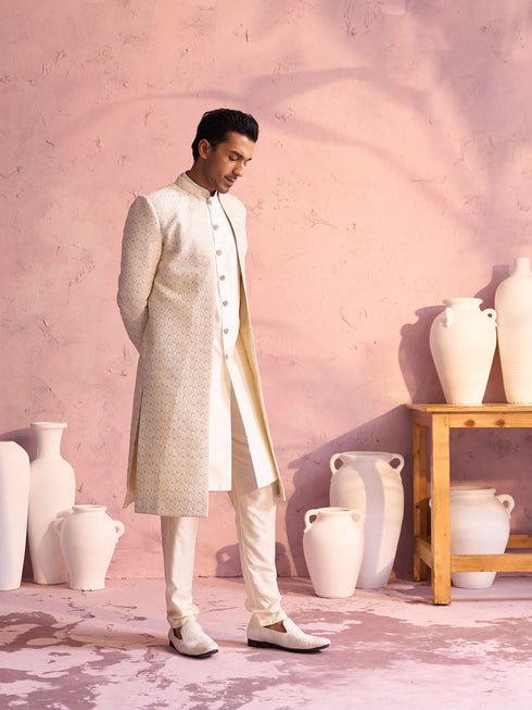 Men's Cream Schiffli Worked With Sequin Detailing Indo With Sleeveless Kurta Pant Set